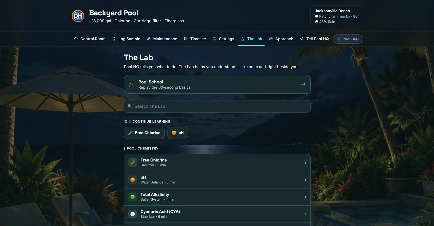 The Lab in Pool Headquarters: a Pool School card, a Search The Lab field, a Continue learning row, then the Pool Chemistry list with Free Chlorine, pH, Total Alkalinity, Cyanuric Acid and Calcium Hardness, each labelled with its category and how long it takes to read.